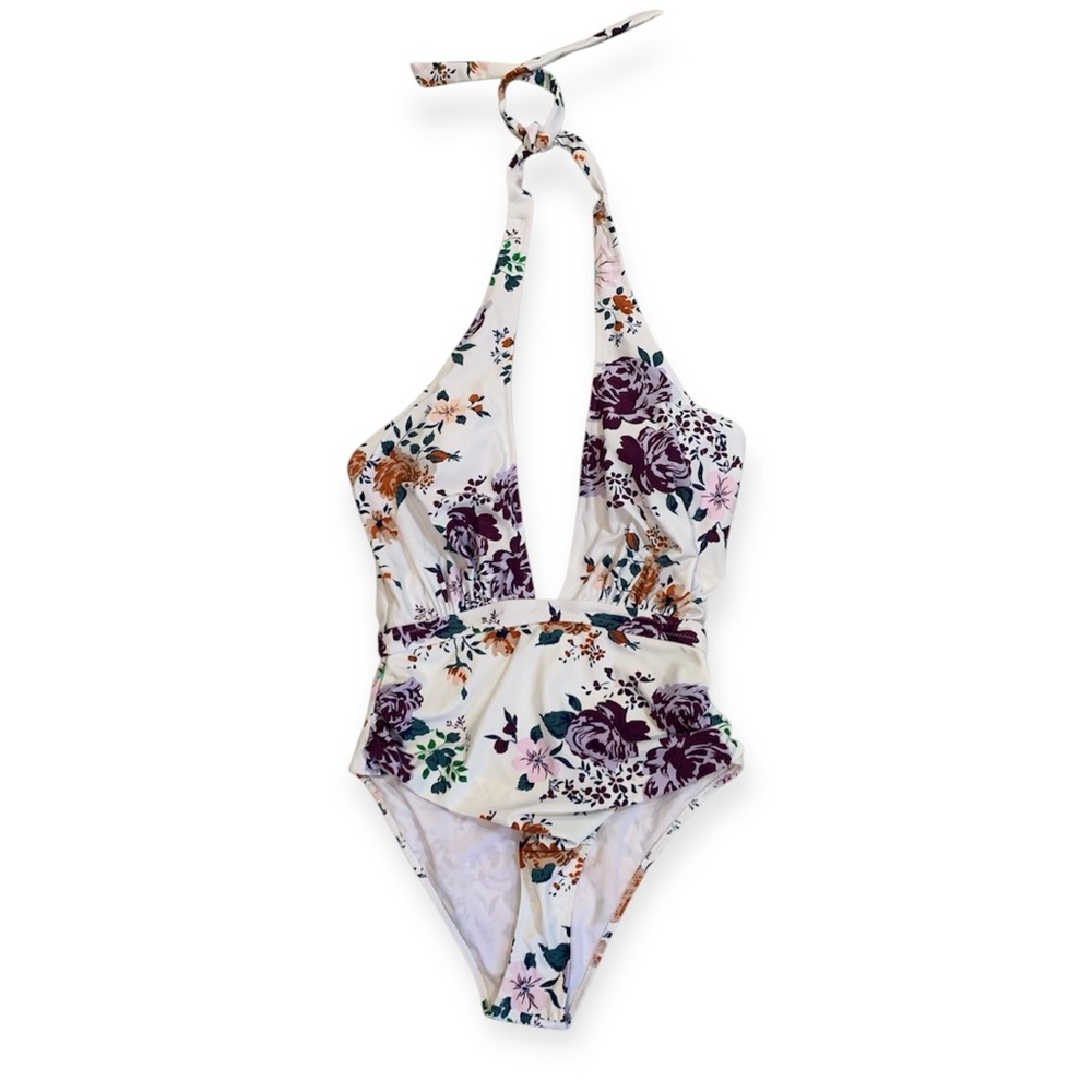 Cupshe Purple and Green One Piece Swimsuit Halter Neck Floral